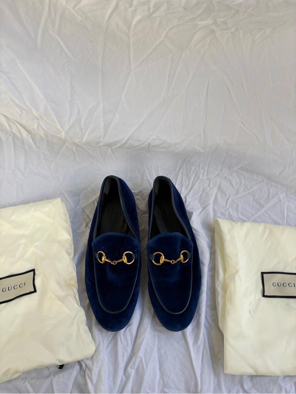 Gucci Jordaan Blue Velvet Horsebit Loafers Navy Gold